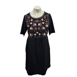 Polagram Black Embroidered Floral Midi Dress Womens L Boho Peasant Short Sleeve